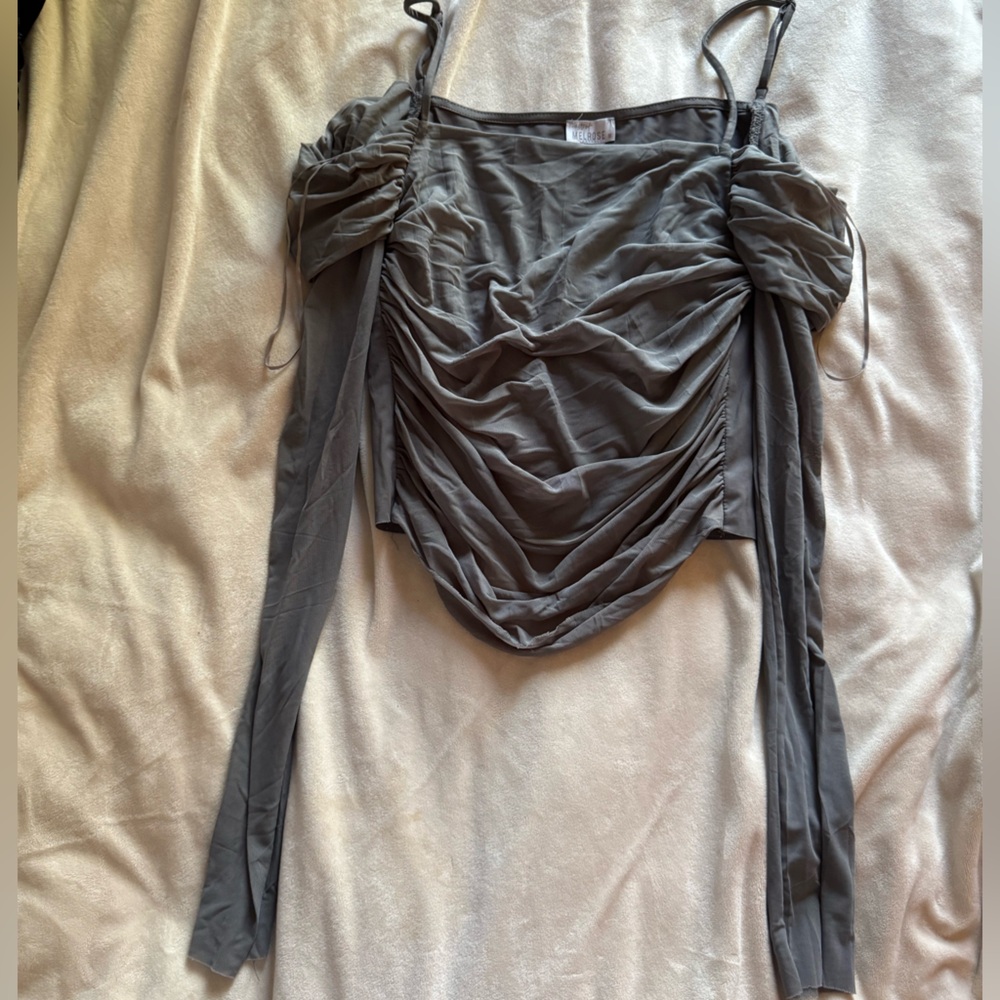 Gray Off the Shoulder Top with Sheer Sleeves